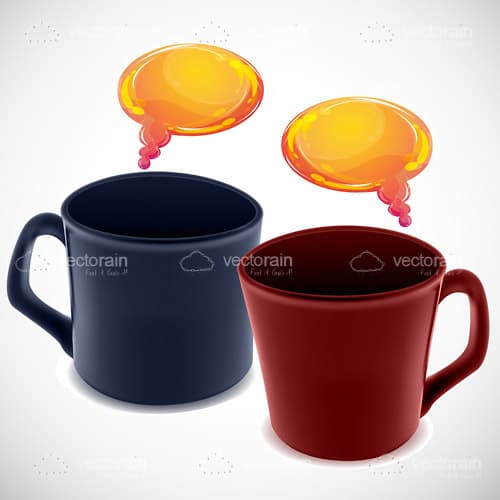 Blue and Red Coffee Mugs with Orange Dialogue Bubbles